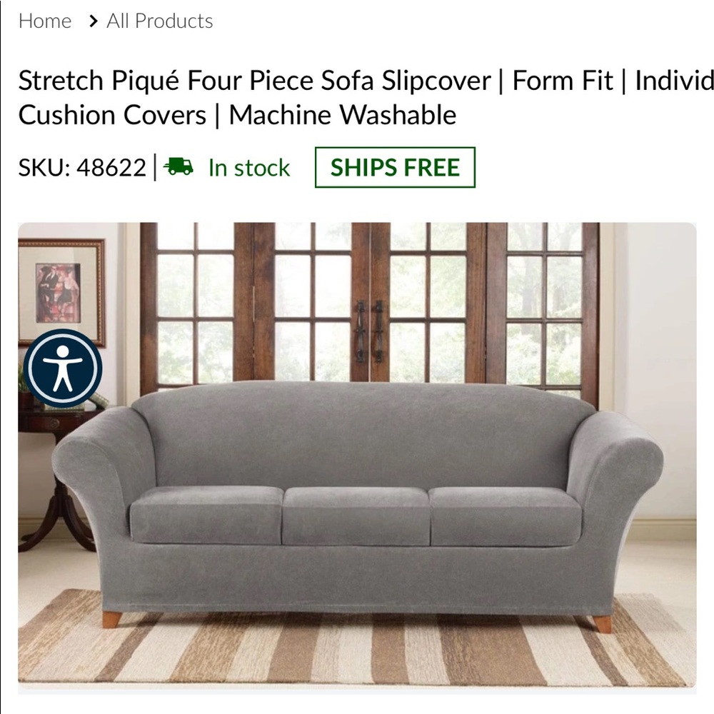 SureFit Stretch Pique 4 Piece Sofa Cover-Gray NWT